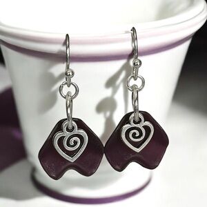 5 For $25💫Sweet Dark Plum Petal Silver Heart Dangles Earrings
